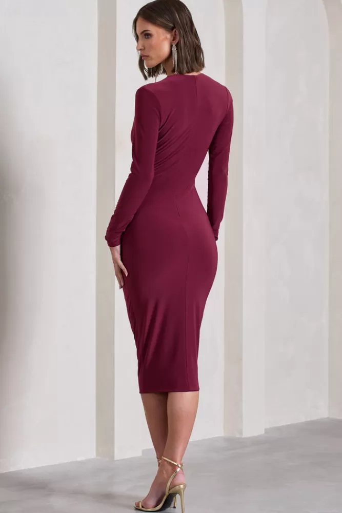 Club L London Marcia | Bodycon Plunge-Neck Midi Dress BURGUNDY Cheap