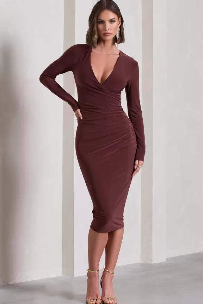 Club L London Marcia | Chocolate Brown Bodycon Plunge-Neck Midi Dress CHOCOLATEDRIZZLE Flash Sale