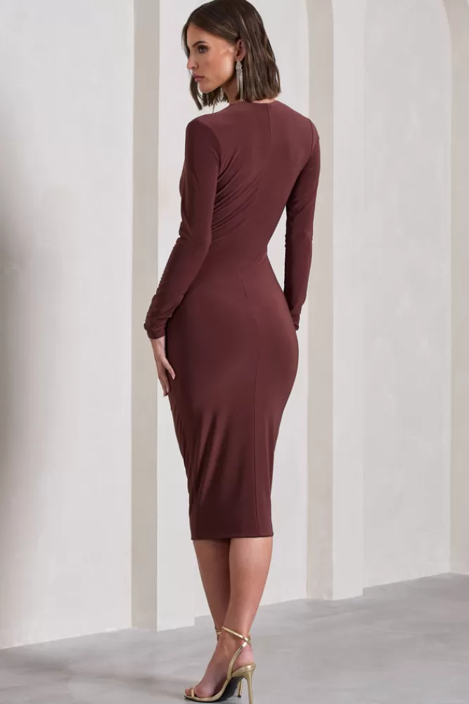 Club L London Marcia | Chocolate Brown Bodycon Plunge-Neck Midi Dress CHOCOLATEDRIZZLE Flash Sale