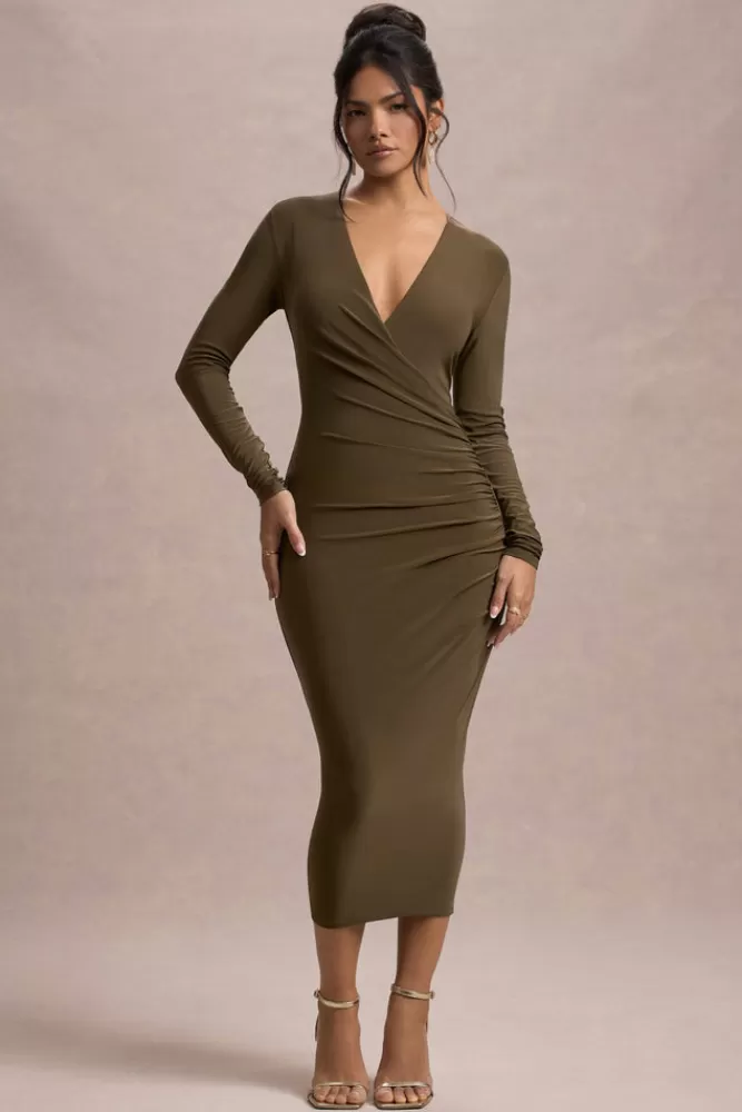 Club L London Marcia | Bodycon Plunge-Neck Midi Dress KHAKI Hot