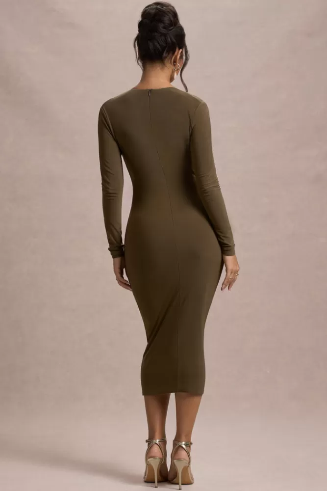 Club L London Marcia | Bodycon Plunge-Neck Midi Dress KHAKI Hot