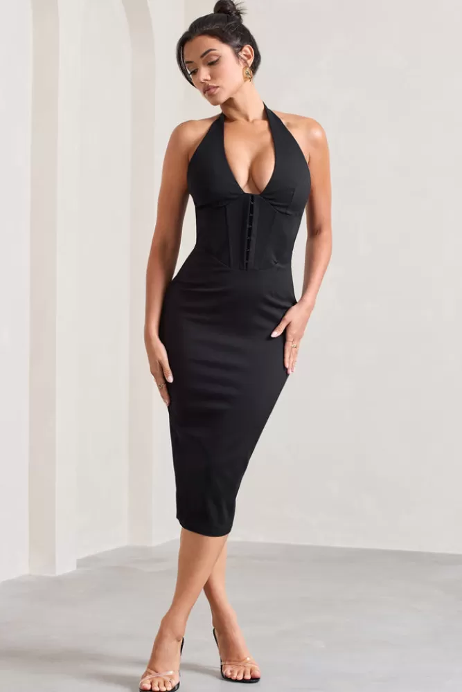 Club L London Mariah | Halter-Neck Corset Midi Dress BLACK Store