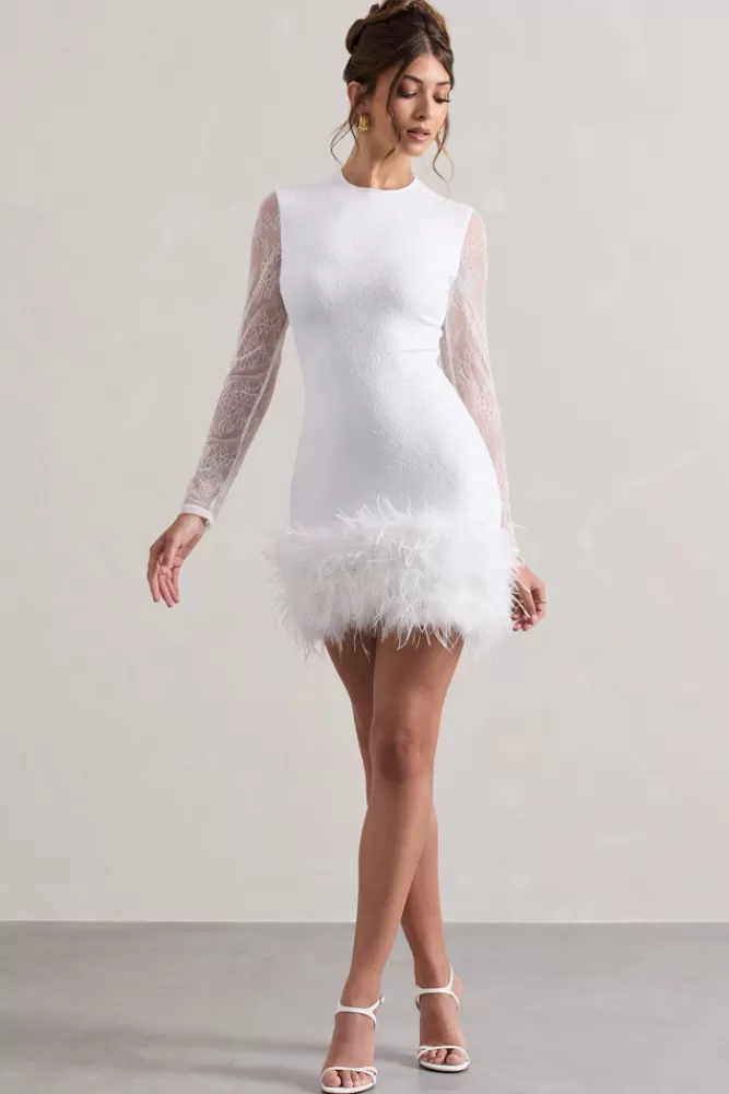 Club L London Mariana | Lace Long-Sleeve Mini Dress With Feather Trim WHITE Cheap