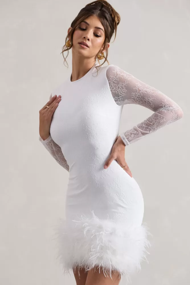 Club L London Mariana | Lace Long-Sleeve Mini Dress With Feather Trim WHITE Cheap