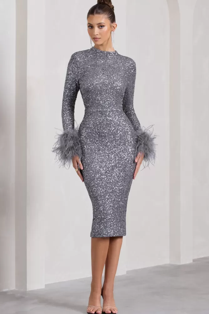 Club L London Marilyn | Silver Sequin Long-Sleeved Midi Dress With Feather Cuffs DARKSILVER Best