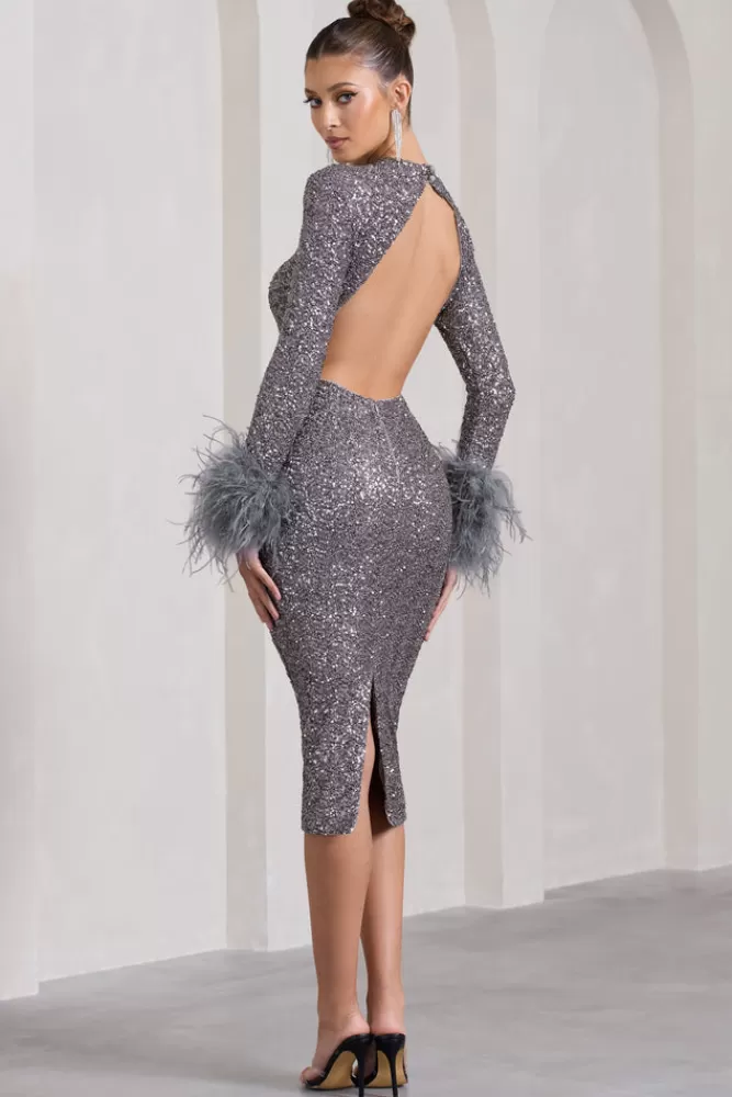 Club L London Marilyn | Silver Sequin Long-Sleeved Midi Dress With Feather Cuffs DARKSILVER Best