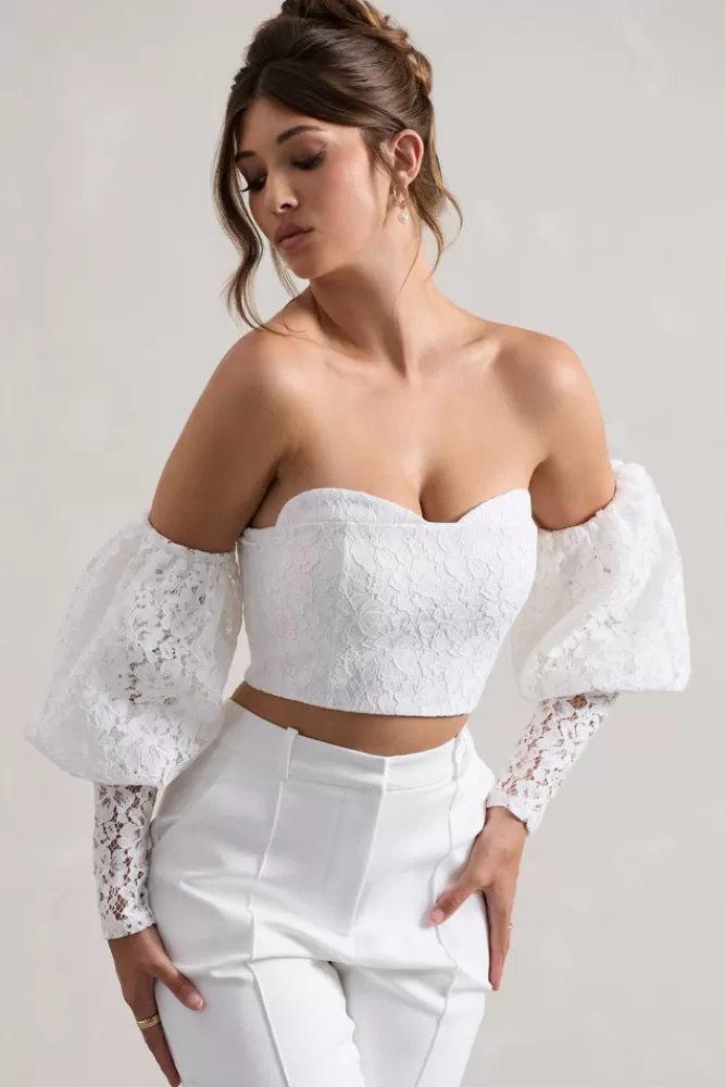 Club L London Marina | Lace Bardot Puff-Sleeve Top WHITE Hot