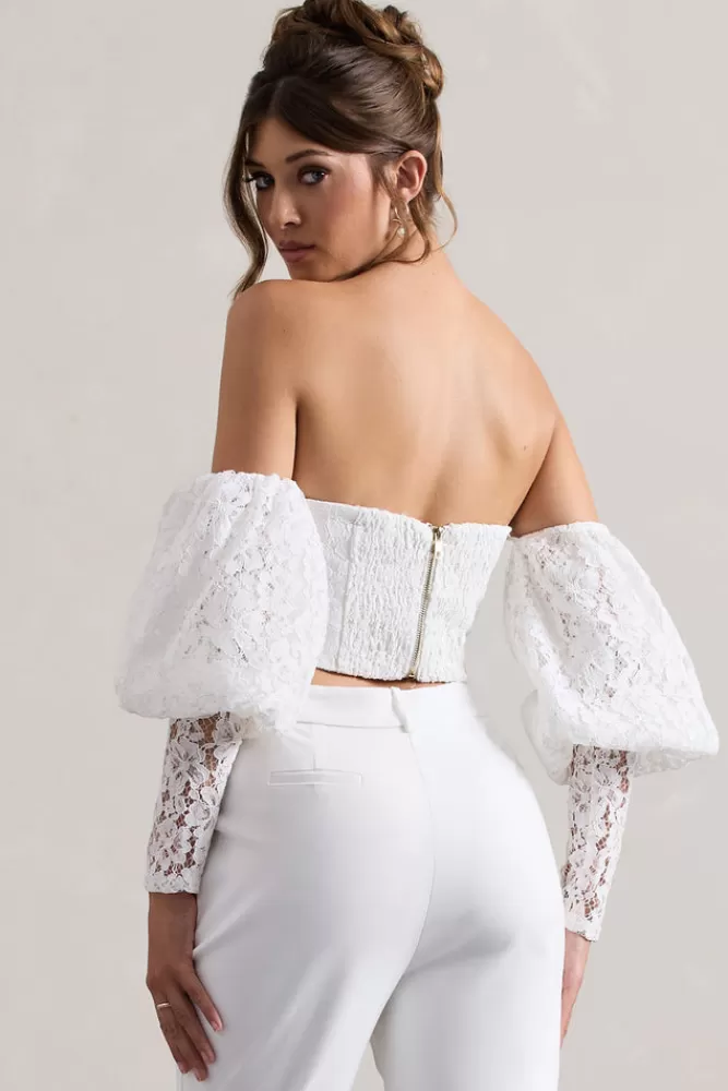 Club L London Marina | Lace Bardot Puff-Sleeve Top WHITE Hot