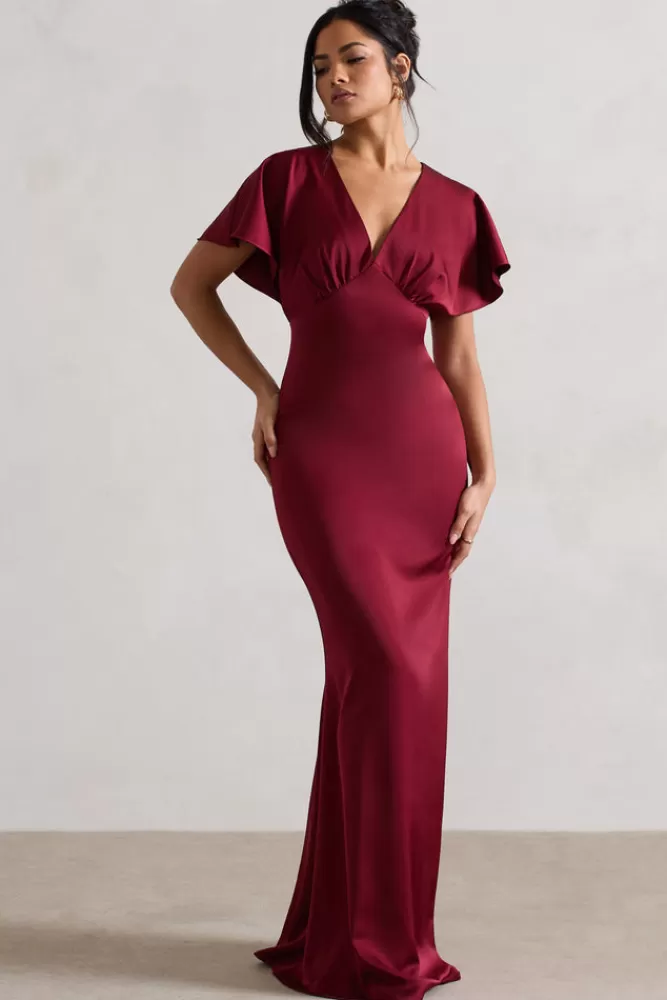 Club L London Marisa | Satin V-Neck Flutter-Sleeve Maxi Dress BERRY Shop