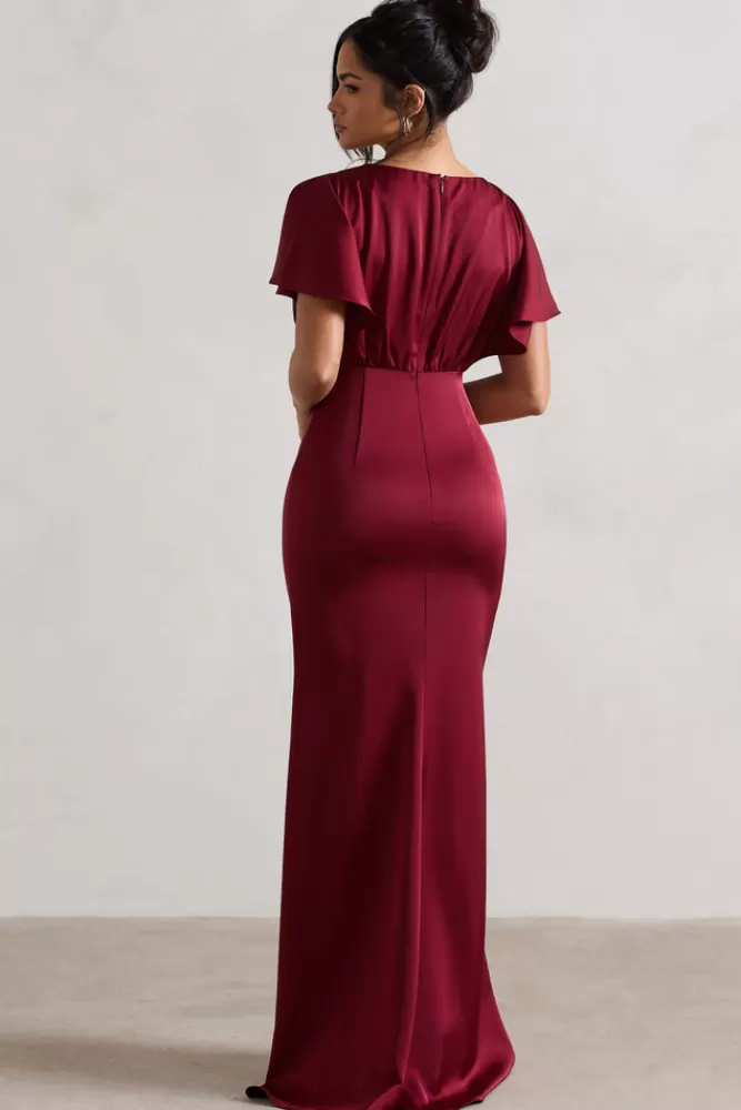 Club L London Marisa | Satin V-Neck Flutter-Sleeve Maxi Dress BERRY Shop