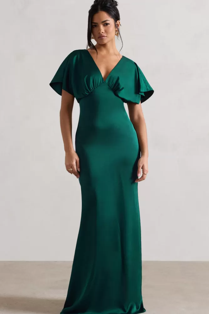 Club L London Marisa | Dark Green Satin V-Neck Flutter-Sleeve Maxi Dress FORESTGREEN Outlet