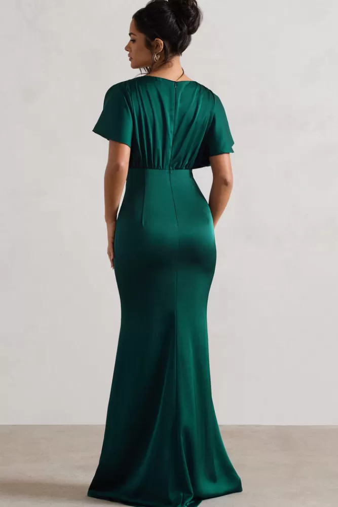 Club L London Marisa | Dark Green Satin V-Neck Flutter-Sleeve Maxi Dress FORESTGREEN Outlet