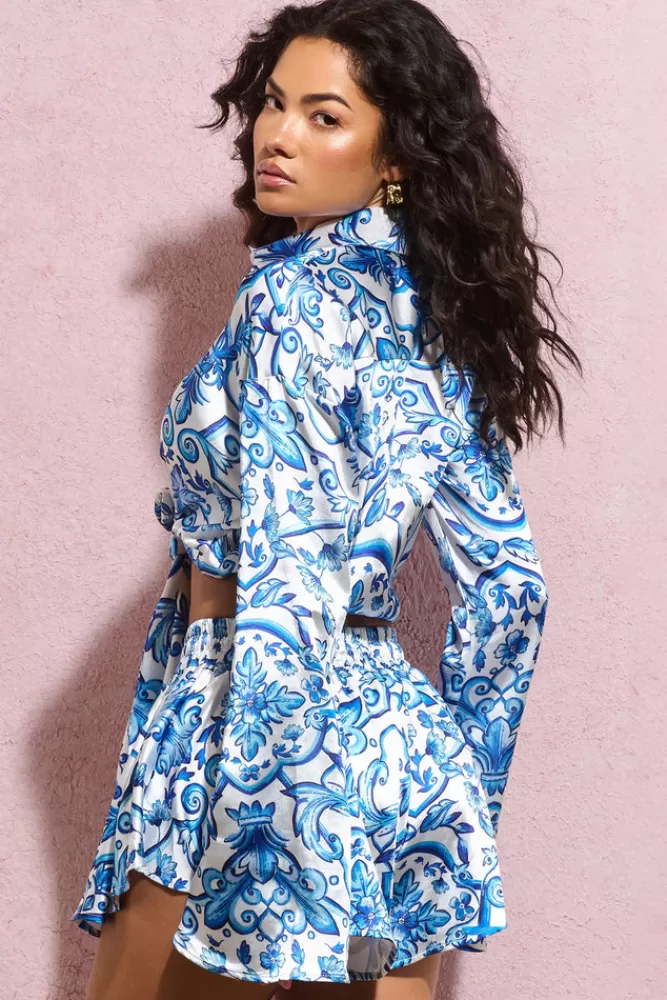 Club L London Marisela | Blue Porcelain Print Satin Flared Sleeve Cropped Shirt BLUEPRINT Discount