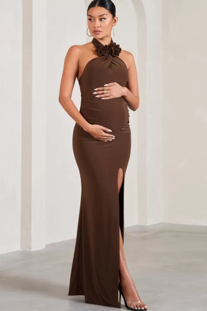 Club L London Marissa | Brown Halter-Neck Split Maternity Maxi Dress With Flowers CHOCOLATE Flash Sale