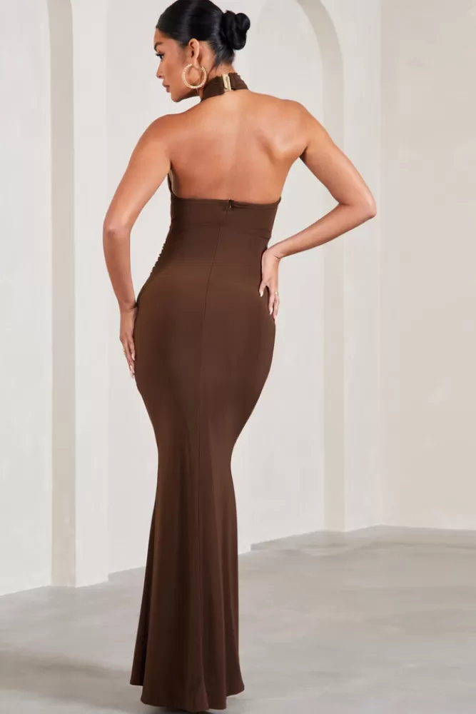 Club L London Marissa | Brown Halter-Neck Split Maternity Maxi Dress With Flowers CHOCOLATE Flash Sale