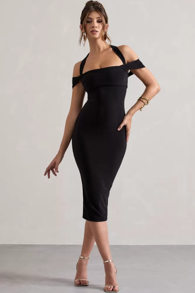 Club L London Marla | Halter-Neck Draped-Sleeve Midi Dress BLACK Outlet