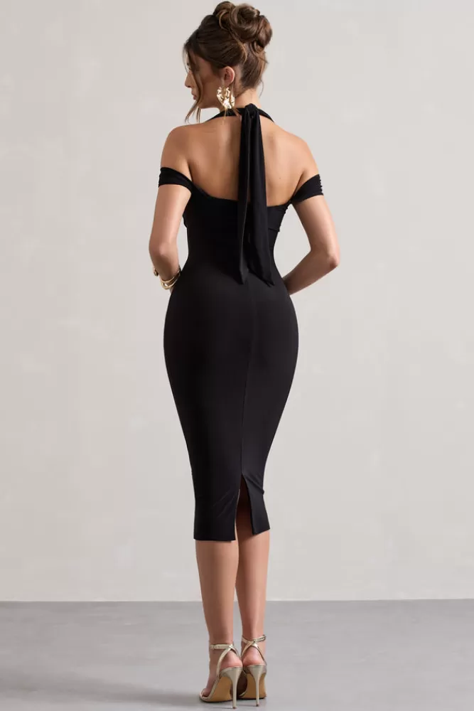 Club L London Marla | Halter-Neck Draped-Sleeve Midi Dress BLACK Outlet