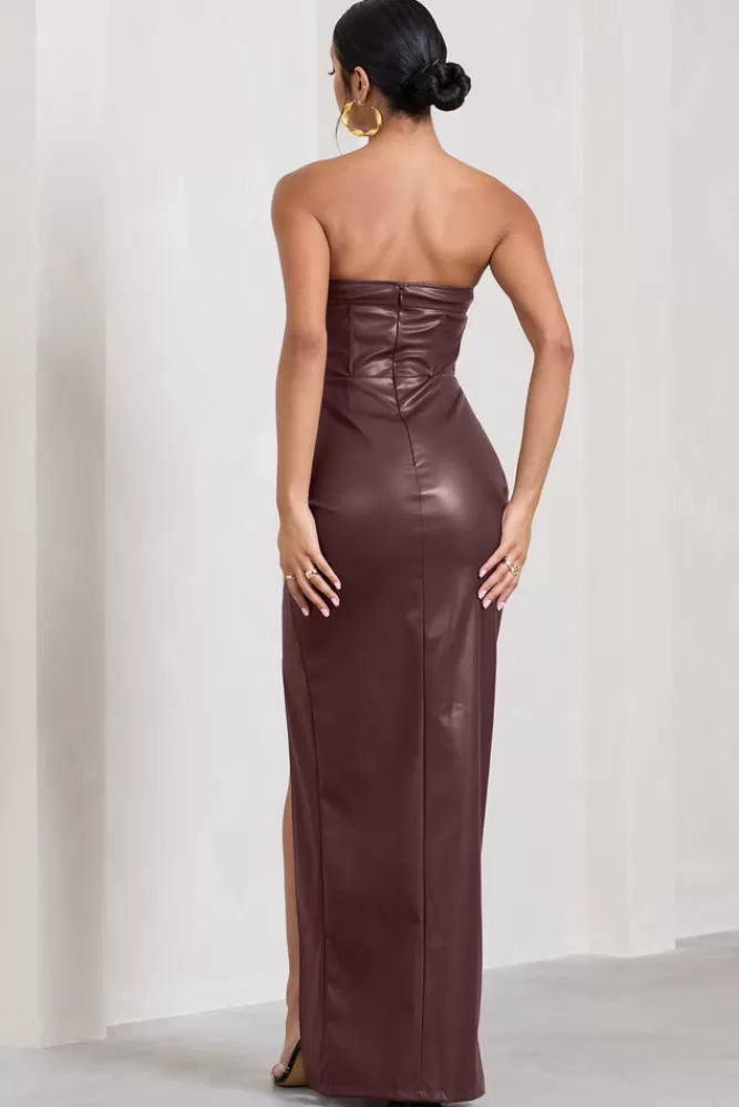 Club L London Marlene | Faux Leather Strapless Bandeau Split Maxi Dress BURGUNDY Store