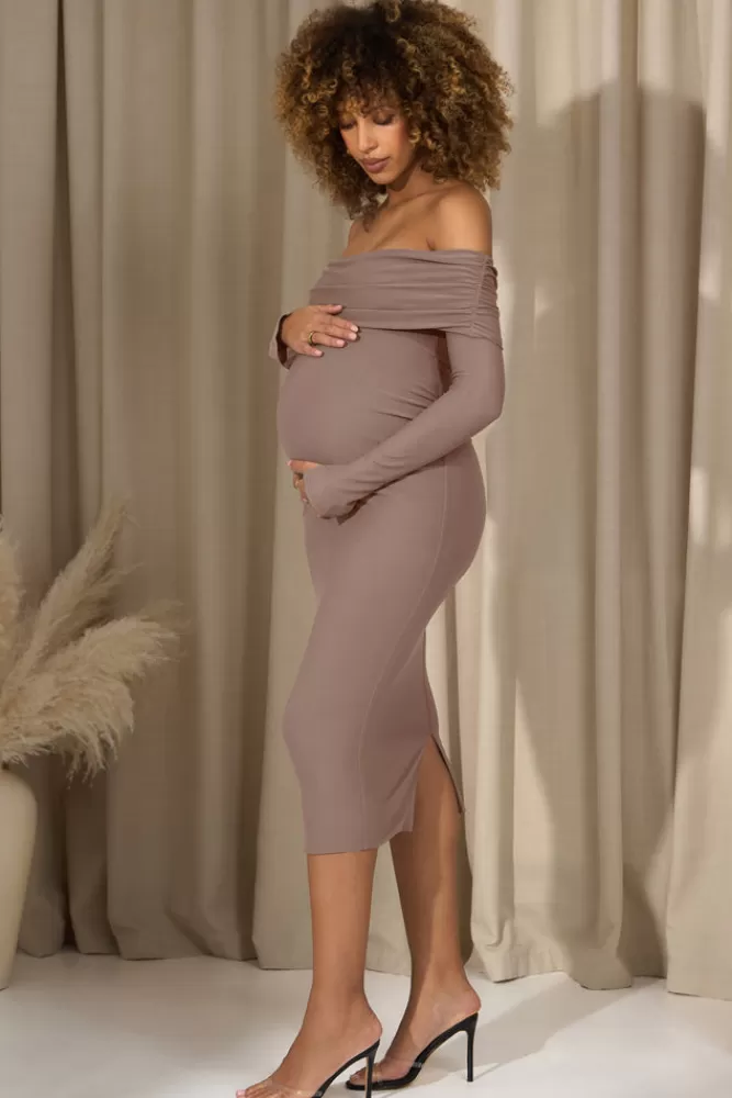 Club L London Marley | Bodycon Bardot Maternity Midi Dress MOCHA Cheap