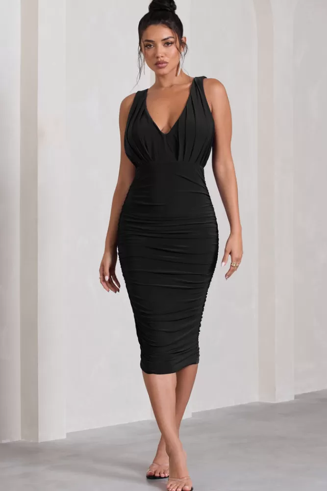 Club L London Marlowe | Ruched Plunge Sleeveless Midi Dress BLACK Store