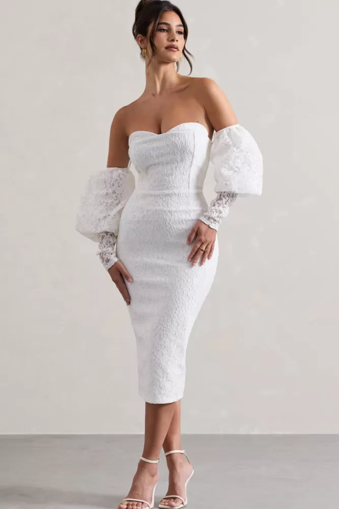 Club L London Mary | Lace Bardot Puff-Sleeve Midi Dress WHITE Flash Sale