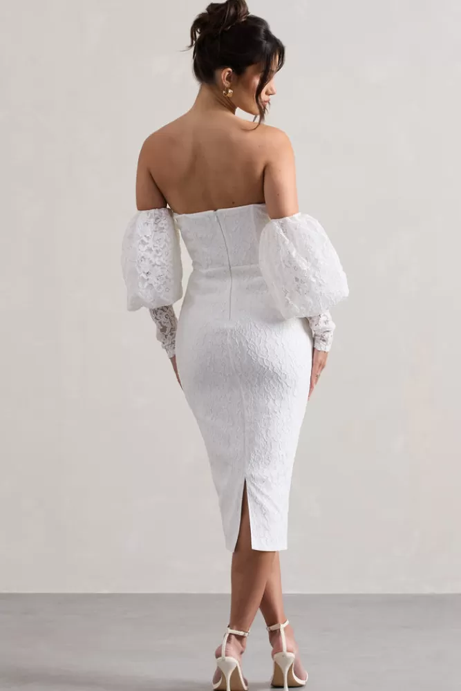 Club L London Mary | Lace Bardot Puff-Sleeve Midi Dress WHITE Flash Sale