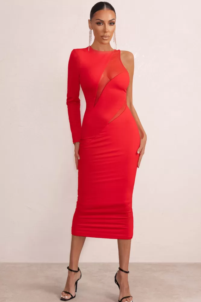 Club L London Marya | High Neck Asymmetric Mesh Detail Bodycon Midi Dress RED Clearance