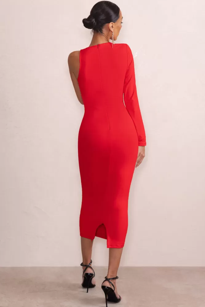 Club L London Marya | High Neck Asymmetric Mesh Detail Bodycon Midi Dress RED Clearance