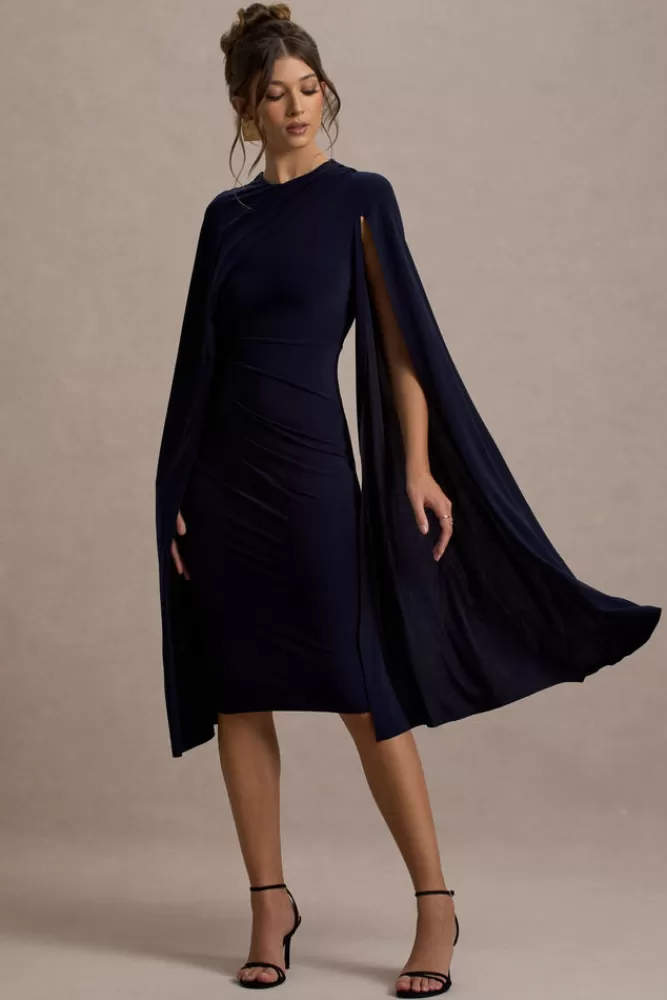 Club L London Marysol | Asymmetric Cape Midi Dress NAVY Best