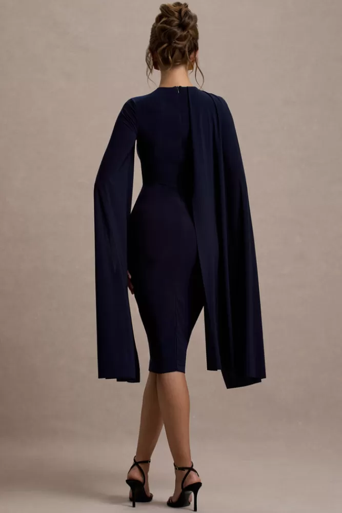 Club L London Marysol | Asymmetric Cape Midi Dress NAVY Best