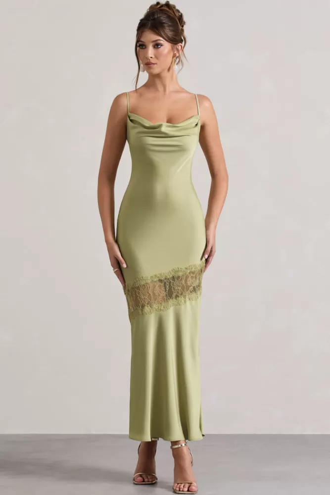 Club L London Matera | Light Olive Satin Cowl-Neck Lace Trim Maxi Dress OLIVEGREEN Hot