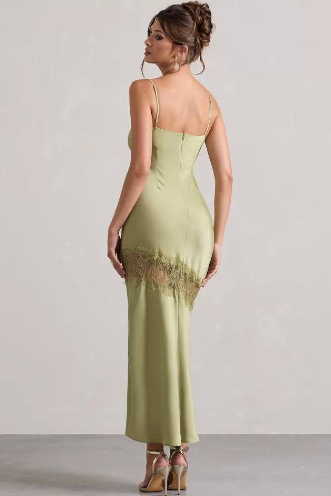 Club L London Matera | Light Olive Satin Cowl-Neck Lace Trim Maxi Dress OLIVEGREEN Hot