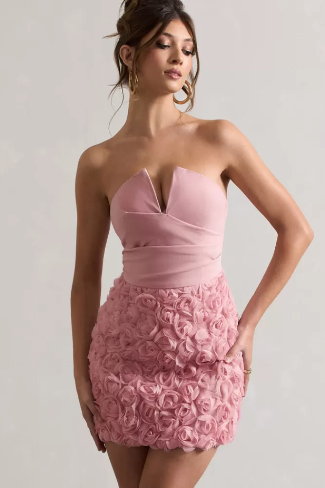 Club L London Maya | Pink Floral Mesh Strapless Mini Dress BLUSH Outlet