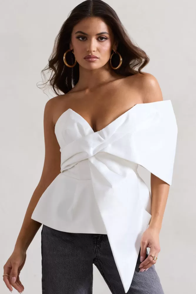 Club L London Mayfair | Asymmetric Bardot Top With Peplum Hem WHITE Store