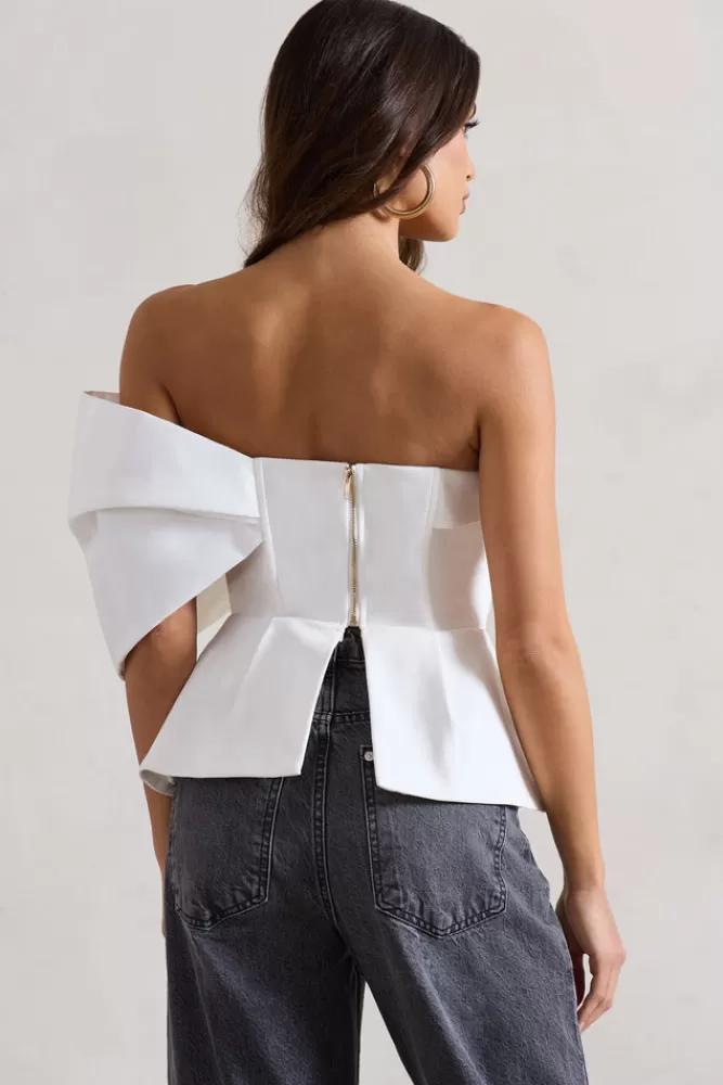 Club L London Mayfair | Asymmetric Bardot Top With Peplum Hem WHITE Store