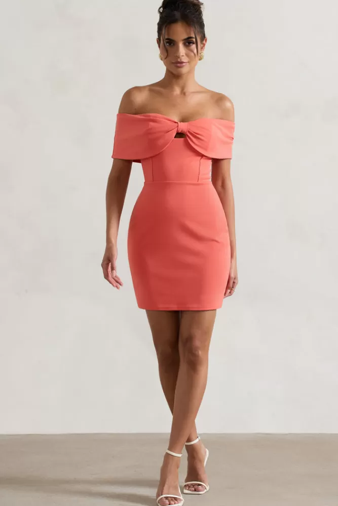 Club L London Megan | Bow Bardot Mini Dress CORAL Flash Sale