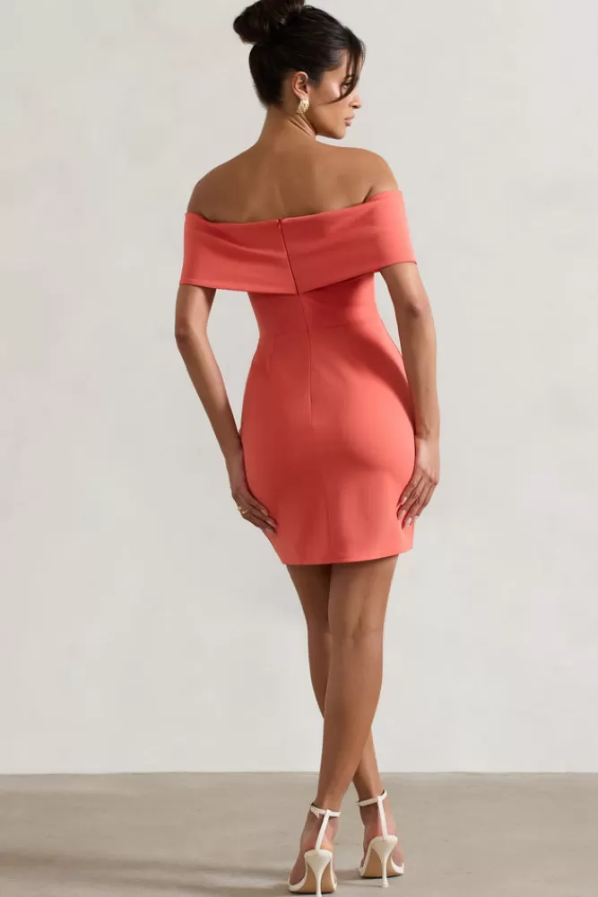 Club L London Megan | Bow Bardot Mini Dress CORAL Flash Sale