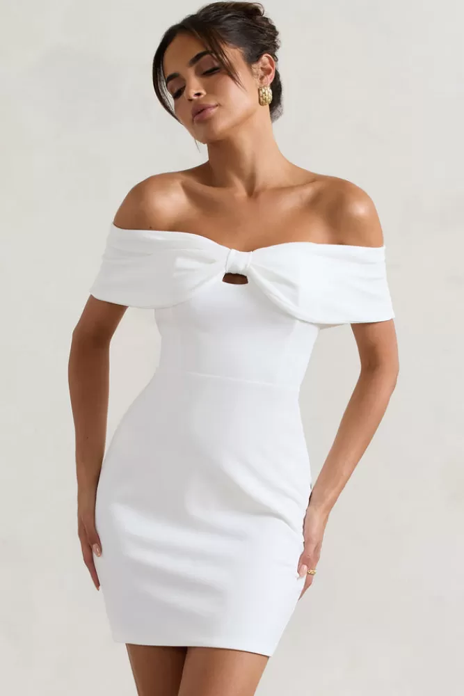 Club L London Megan | Bow Bardot Mini Dress WHITE Cheap