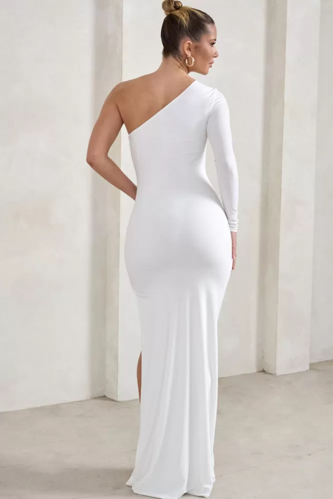 Club L London Melanie | One Shoulder Split Maxi Dress WHITE Hot