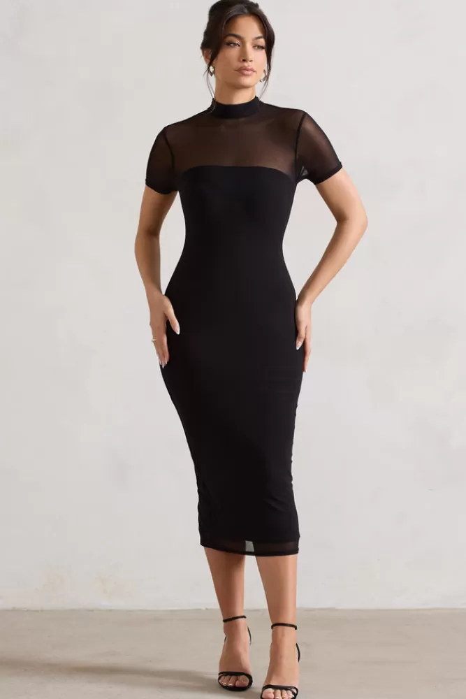 Club L London Melinda | High-Neck Short Sleeve Midi Dress BLACK Discount