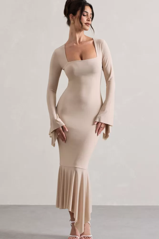 Club L London Meliora | Square-Neck Flute-Sleeve Asymmetric Midi Dress CHAMPAGNE Best