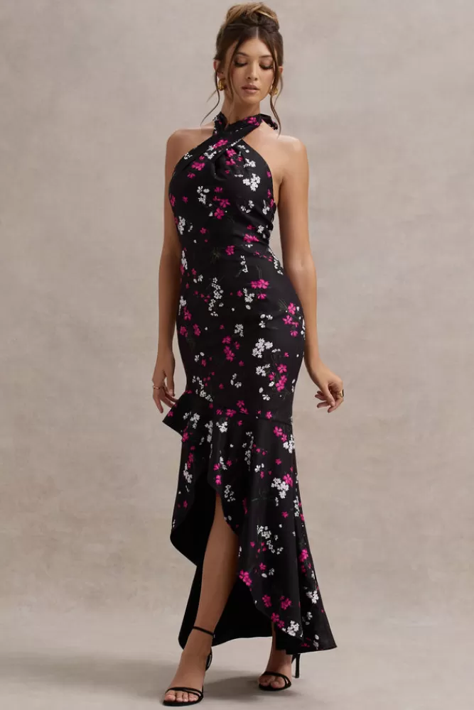 Club L London Melodia | Black Ditsy Floral Print Satin Halter-Neck Ruffled Maxi Dress FLORALPRINT Best Sale