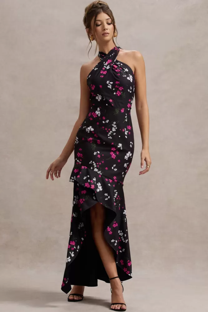 Club L London Melodia | Black Ditsy Floral Print Satin Halter-Neck Ruffled Maxi Dress FLORALPRINT Best Sale