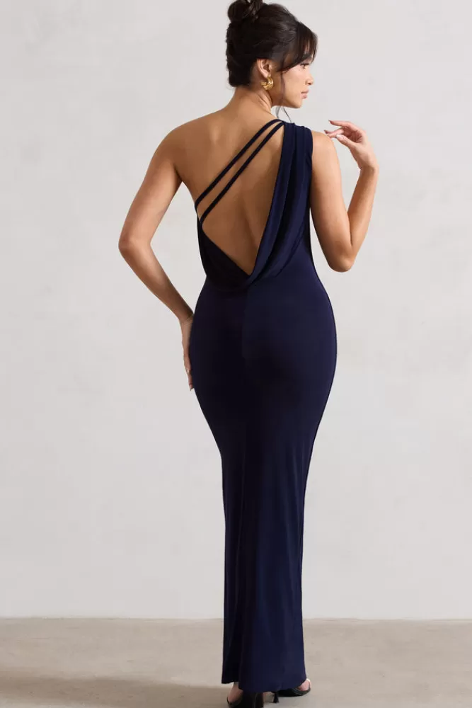 Club L London Melody | One Shoulder Cowl-Back Split Maxi Dress NAVY Flash Sale