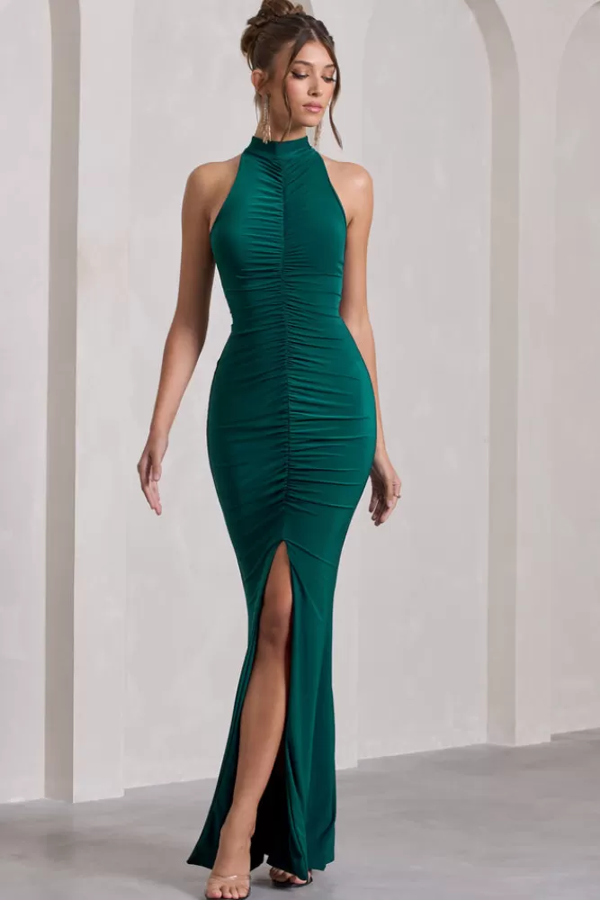 Club L London Memorable | Bottle Green Ruched High-Neck Split Fishtail Maxi Dress BOTTLEGREEN Cheap