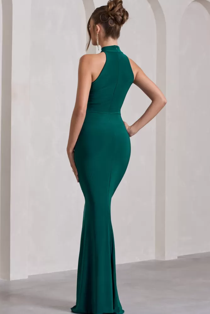 Club L London Memorable | Bottle Green Ruched High-Neck Split Fishtail Maxi Dress BOTTLEGREEN Cheap