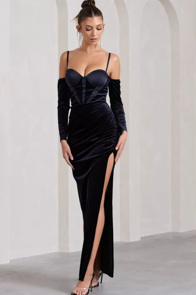 Club L London Meribel | Velvet u0026 Satin Long-Sleeved Corset Maxi Dress NAVY Hot
