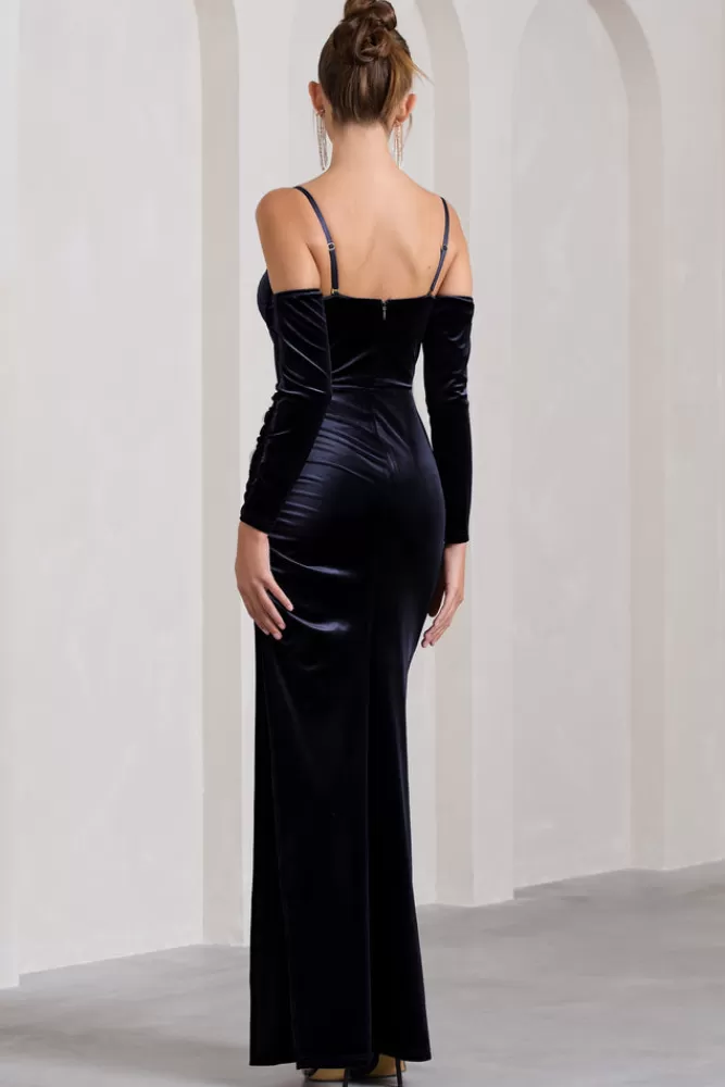 Club L London Meribel | Velvet u0026 Satin Long-Sleeved Corset Maxi Dress NAVY Hot