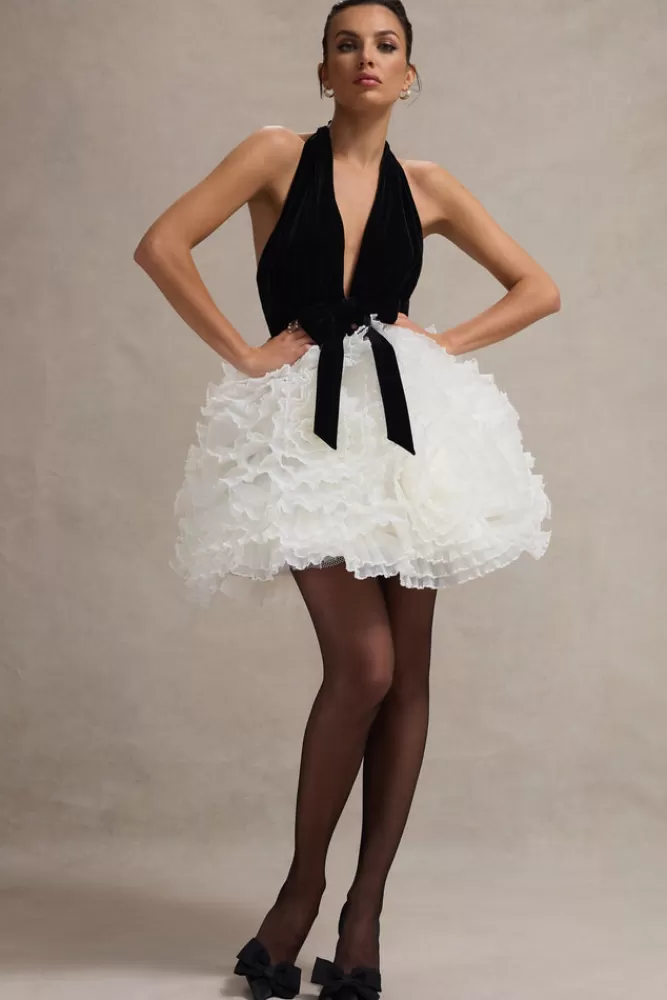 Club L London Meringue | Black Velvet Plunge-Neck Mini Dress With Tulle Skirt BLACKANDCREAM Flash Sale