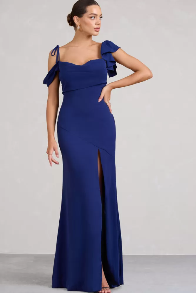 Club L London Merlot | Asymmetric Draped Split Maxi Dress NAVY Clearance